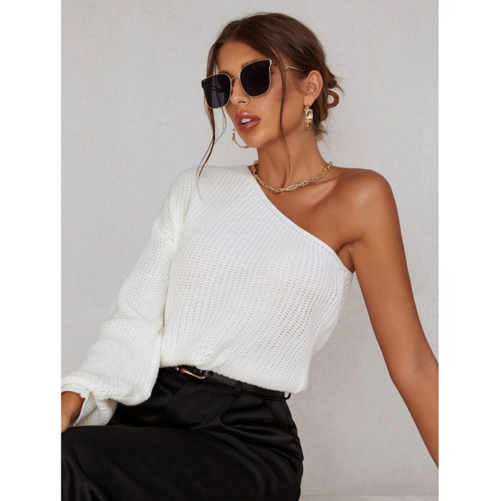 Cable Knit White One Shoulder Lantern Long Sleeve Pullover Sweater - Picture 2 of 7